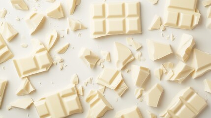Abstract banner with pieces of white chocolate on a white background. Chocolate background.