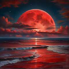 Beautiful landscape big orange moon rising in the beach