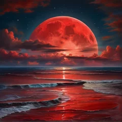 Foto auf Acrylglas Bordeaux Beautiful landscape big orange moon rising in the beach