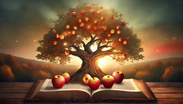 book with red apple