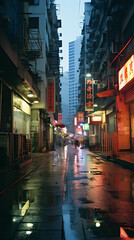 Rainy Hong Kong, steampunk urban streetscape (generative AI)