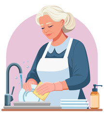 An elderly woman in work clothes washes dishes. Nanny services. A maid washes dishes in a hotel room. The concept of serving the public and guests from abroad. Cleaning from a cleaning company
