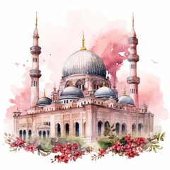 Fototapeta na wymiar Islamic Watercolo mosqueand line art Muslim mosque watercolor looking with floral and rose belly.