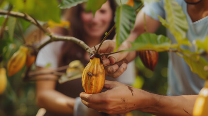Harvesting: Farmers picking cacao by hand