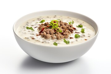 Beef soup closeup isolated on white background