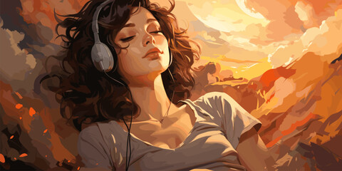 Lofi girl laying on the bed. Smooth atmosphere, hip hop. Soft colors, soft lights vector flat bright colors