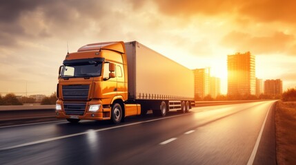 The logistics import export and cargo transportation industry concept of the Container Truck runs on a highway road at sunset blue sky background with copy space, 