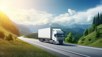 Logistics import export and cargo transportation industry concept of the Container Truck runs on a Mountain road with a blue sky, a background with copy space,