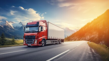Logistics import export and cargo transportation industry concept of Container Truck runs on a Mountain road with with a blue sky background, with copy space.