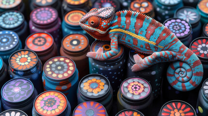 Chameleon on Ornately Decorated Paint Cans.
A chameleon exploring ornately patterned paint cans, a fusion of wildlife and artistry.