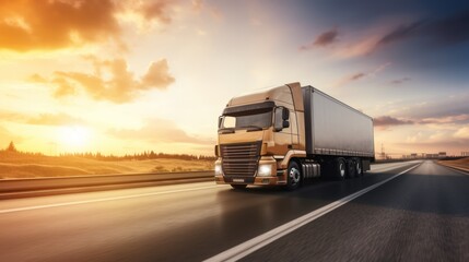 The logistics import export and cargo transportation industry concept of the Container Truck runs on a highway road at sunset blue sky background with copy space,