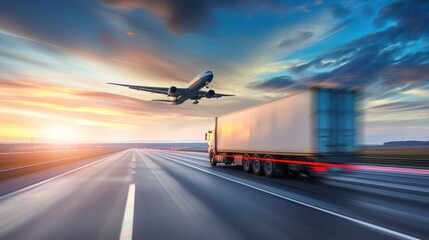 Logistics import export and cargo transportation industry concept of Container Truck run on a highway road at sunset blue sky background with copy space, cargo airplane,