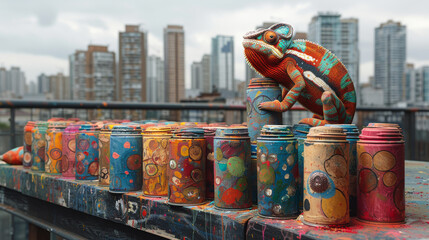 Urban Chameleon on Graffiti Paint Cans.
A chameleon in an urban environment, perched on...