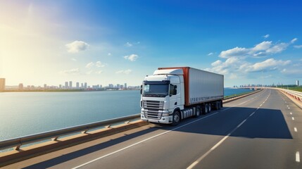 Logistics import export and cargo transportation industry concept of Container Truck runs on a View of road by the sea with a blue sky background, city background with copy space.