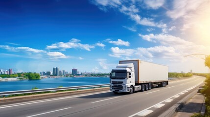 Logistics import export and cargo transportation industry concept of Container Truck runs on a View of road by the sea with with a blue sky background, city background with copy space.