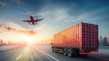 Logistics import export and cargo transportation industry concept of Container Truck run on a highway road at sunset blue sky background with copy space, cargo airplane, moving by motion blur effect