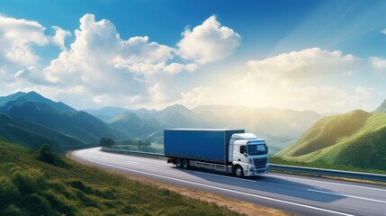 Obraz premium Logistics import export and cargo transportation industry concept of Container Truck runs on a Mountain road at sunset blue sky, background with copy space, 