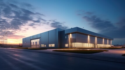 Logistics warehouse building, sunset, a blue sky background,