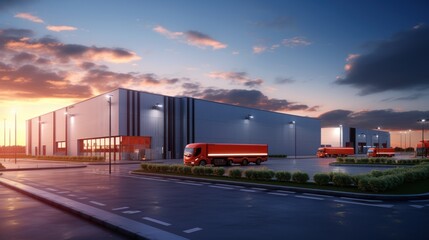 Fototapeta premium Logistics warehouse building, sunset, a blue sky background,