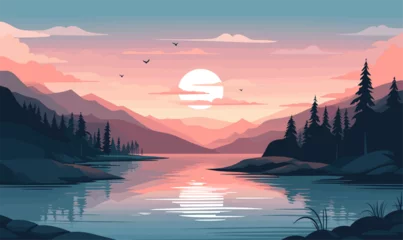 Fotobehang sunrise lake vector flat minimalistic isolated illustration © Sanych