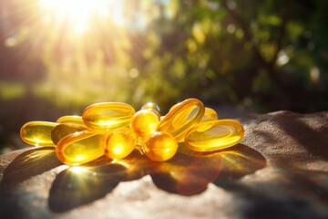Potent Omega capsules sunlight. Healthy lifestyle. Generate Ai - obrazy, fototapety, plakaty