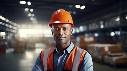 Obraz premium Portrait of African American worker in warehouse, Wear a white safety helmet and safety gear,Wear safety glasses.