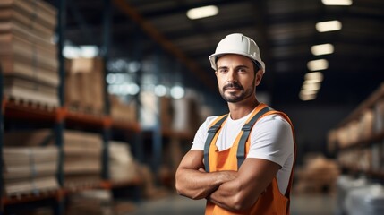 Portrait of the handsome men worker in the warehouse, Wearing a white safety helmet and safety gear, Wearing safety glasses, and Standing with arms crossed.