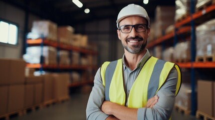 Portrait of the handsome men worker in the warehouse, Wearing a white safety helmet and safety gear, Wearing safety glasses, and Standing with arms crossed.