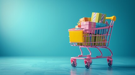 Pink Shopping Cart with Pink Wheel and Pink Basket, Filled with Pink and Yellow Gifts for Mother's Day Generative AI