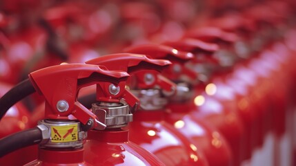 Rows of Red Fire Extinguishers Ready for Emergency