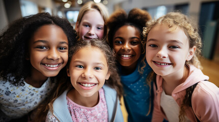 Obraz premium Children Engaged in Lively Conversation in School Hallway