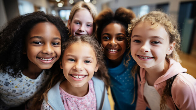 Children Engaged in Lively Conversation in School Hallway