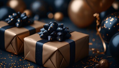 Golden Gift Wrapped in Black Bow: A Festive Present for the Holidays Generative AI