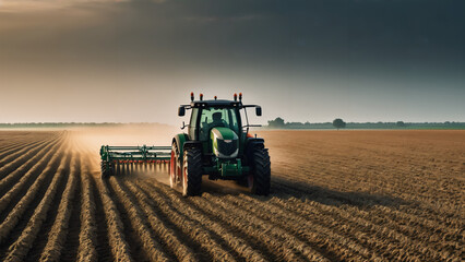 tractor in a field with a plow in the foreground - obrazy, fototapety, plakaty
