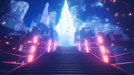 a long path stairway to the neon lighted city, modern future scifi town