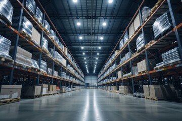 The futuristic warehouse streamlines distribution with its systematic use of robotics and digital inventory management. - obrazy, fototapety, plakaty
