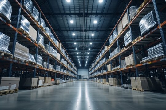 The futuristic warehouse streamlines distribution with its systematic use of robotics and digital inventory management.