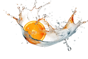 Poster Fresh orange dropped into water with splash isolated on a Transparent background. Generative AI © STF Design 