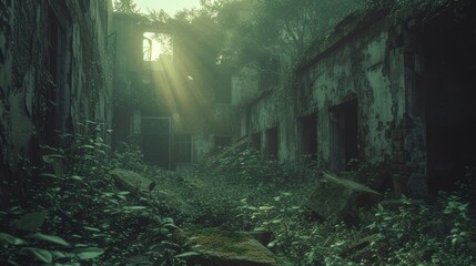Nature's relentless growth weaves through the desolate city, a stark contrast to the decay and destruction left by catastrophe. - obrazy, fototapety, plakaty