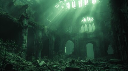 Obraz premium Amidst the ghostly wreckage, vines twist through decaying buildings, nature's unrelenting force in the wake of humanity's fall.