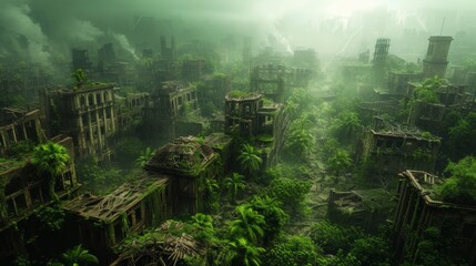 Amidst the eerie desolation, vines twist through the crumbling wreckage, a haunting reminder of nature's power to reclaim what once belonged to it.