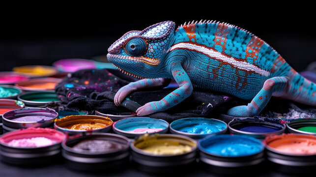 Chameleon on Multicoloured Artistic Surface.
A chameleon crawling on a multicoloured surface splattered with paint.