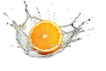 Fresh orange dropped into water with splash isolated on a Transparent background. Generative AI