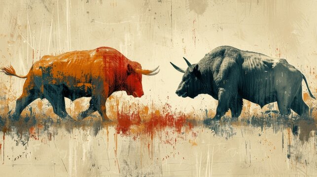 The AI artwork captures the fierce battle between bulls and bears, symbolizing the ever-changing moods of the stock market.