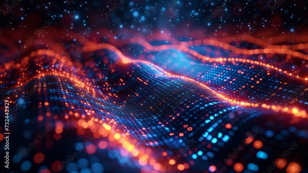Poster in this virtual matrix, bytes and pixels intertwine in a vibrant pattern of interconnected data, pro