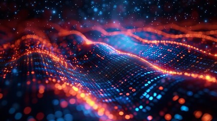 In this virtual matrix, bytes and pixels intertwine in a vibrant pattern of interconnected data, propelling innovation and progress in a cyber world fueled by technology.