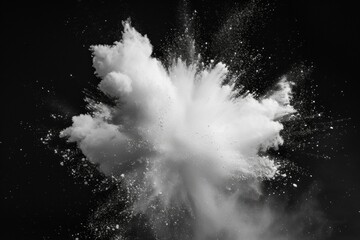 This image captures the fleeting moment of a white powder explosion, showcasing the intricate swirls and waves of particles against a dark void.