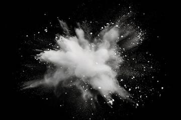 The explosive burst of white powder on the black canvas captures the chaotic beauty of dispersion, creating a turbulent wave of kinetic energy.