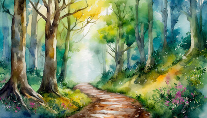 Obraz na płótnie Canvas Enchanting wild forest path with watercolor effect. Wall art wallpaper