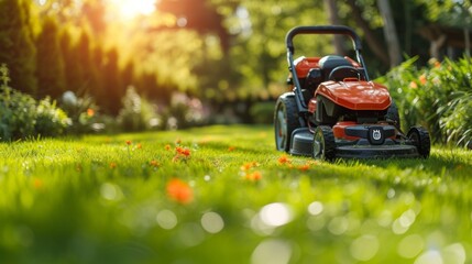 As the gardener expertly maneuvers his electric mower, the lush green lawn transforms into a manicured masterpiece of modern garden design. - obrazy, fototapety, plakaty